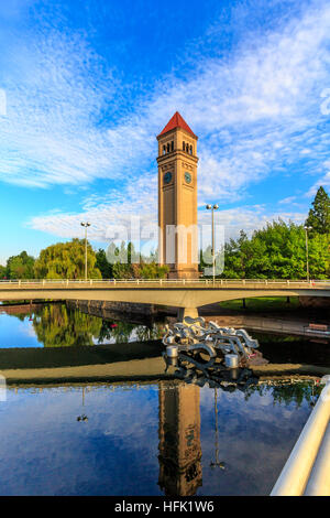 Spokane, Washington - 6. August 2014: Uhrturm im Riverfront Park eines ist der größten im Nordwesten. Stockfoto