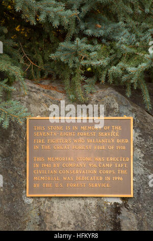 Gedenktafel Stein, Savenac historische Baumschule, Lolo National Forest, Montana Stockfoto