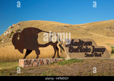 Ortseingangsschild, Madison Buffalo Jump State Park, Montana Stockfoto