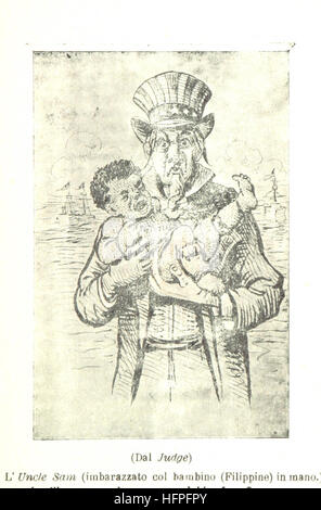 Dieses Bild, auf Seite 85 von „Cavite e Santiago“ von Domenico Parodi, zeigt einen bärtigen Mann, der möglicherweise Onkel Sam aus den Vereinigten Staaten repräsentiert, aus dem Jahr 1898. Das Werk wurde in Genua, Italien, veröffentlicht. Stockfoto