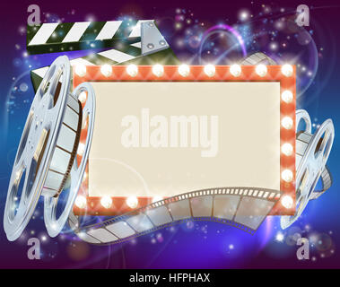 Ein abstrakter Film Kino Film Schild mit Glühbirnen Zeichen Klappe und Film reel Stockfoto
