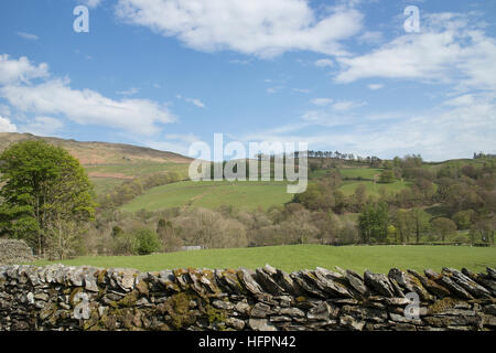 Trockenmauer, Wiesen und Fells, Troutbeck in der Nähe von Windermere, Cumbria Stockfoto