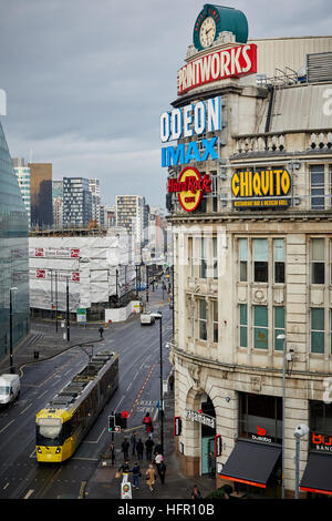 Gelegen in Manchester Landmark View Urbis und The Printworks Ecke der Innenstadt Withy Grove Corporation Street Stockfoto