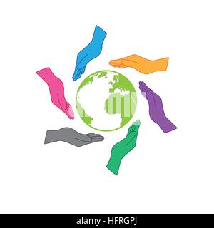 Erde Speichern Symbol Logo. Sechs Hände sind zum Schutz der Erde. Sechs Farben Hände repräsentieren Menschen überall auf der Welt, welcher Nation, Kontinent oder s Stock Vektor