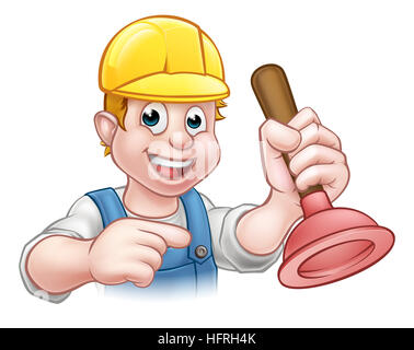 Ein Handwerker Klempner Cartoon-Figur hält einen Kolben und zeigen Stockfoto