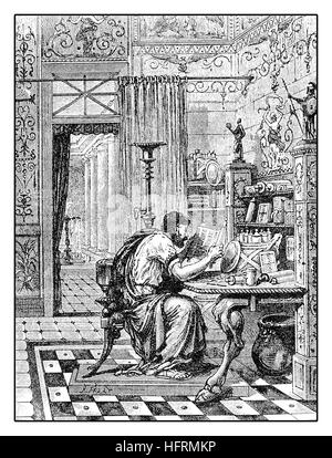 Gravur, beschreibt eine reiche Privatbibliothek im alten Rom mit Rollen Pergament und Papyrus und Mann liest aus eine Schriftrolle Stockfoto