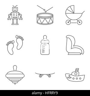 Baby dünne Linie verwandte Vektor Icon Setfor Web- und mobilen Anwendungen. Set beinhaltet - Roboter, Trommel, Kinderwagen, Babyflasche, Kindersitz, Whirligig, ska Stock Vektor