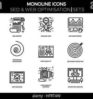 Zeile Symbole festgelegt durch flache Bauform der Suchmaschinen-Optimierung. Bericht, organische Seo, monitoring, return-on-Investment, Seitenqualität, Keyword-targeting, Stock Vektor