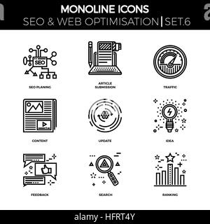 Zeile Symbole festgelegt durch flache Bauform der Suchmaschinen-Optimierung. Hobeln, SEO Artikel Vorlage, Verkehr, Inhalt, Update, Idee, Feedback, Suche, Rang Stock Vektor