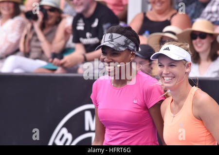 Auckland, Neuseeland. 1. Januar 2017. Venus Williams und Caroline Wozniack während einer Wohltätigkeitsorganisation überein - bis vor das ASB Classic Tennisturnier. © Shirley Kwok/Pacific Press/Alamy Live-Nachrichten Stockfoto