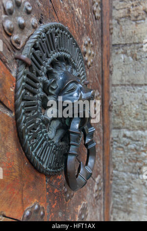 Löwe-Kopf-Klopfer, Griffe antike Bronze auf alte Eichentür Stockfoto