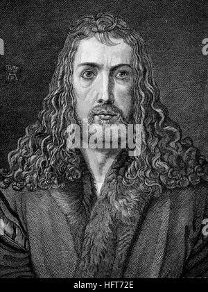 Albrecht Duerer, 1471-1528, Maler, Grafiker und Theoretiker der deutschen Renaissance, Selbstporträt mit 28, 1500, Holzschnitt aus dem Jahr 1885, digital verbessert Stockfoto