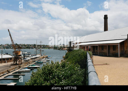 Blick auf die Docks Precinct und verurteilte Gebäude auf Cockatoo Island Stockfoto