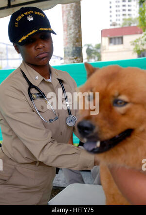 070825-N-4328B-052 BUENAVENTURA, Kolumbien (25. August 2007) - CMdR Elvira Hall-Robinson, von der US Public Health Service befestigt, das Military Sealift Command Lazarettschiff USNS Comfort (T-AH 20), bietet tierärztliche Versorgung im Bueanaventura Coliseum. Komfort ist auf eine viermonatige humanitären Einsatz in Lateinamerika und der Karibik eine medizinische Behandlung in einem Dutzend Ländern. Foto: U.S. Navy Mass Communication Specialist 3. Klasse Kelley E. Barnes (freigegeben) US Navy 070825-N-4238B-052 CMdR Elvira Hall-Robinson, von der US Public Health Service, an der militärischen Seali befestigt Stockfoto