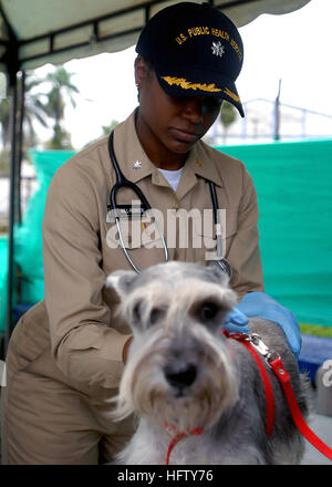 070825-N-4328B-098 BUENAVENTURA, Kolumbien (25. August 2007) - CMdR Elvira Hall-Robinson, von der US Public Health Service befestigt, das Military Sealift Command Lazarettschiff USNS Comfort (T-AH 20), bietet tierärztliche Versorgung im Bueanaventura Coliseum. Komfort ist auf eine viermonatige humanitären Einsatz in Lateinamerika und der Karibik eine medizinische Behandlung in einem Dutzend Ländern. Foto: U.S. Navy Mass Communication Specialist 3. Klasse Kelley E. Barnes (freigegeben) US Navy 070825-N-4238B-098 CMdR Elvira Hall-Robinson, von der US Public Health Service, an der militärischen Seali befestigt Stockfoto