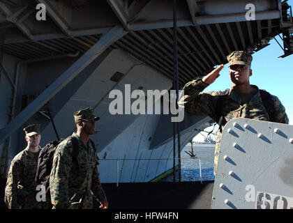 071216-N-0916O-019 MAYPORT, Florida (16. Dezember 2007) Marines befestigt Marine Fighter Attack Squadron (VMFA) 251 Salute Ensign als der nuklear angetriebene Flugzeugträger USS Enterprise (CVN-65) am Naval Station Mayport ankommt. VMFA-251 verließ das Unternehmen, um ihren Heimathafen in Beaufort, SC, nach einem geplanten sechsmonatigen Einsatz zurück. Enterprise und eingeschifften Carrier Air Wing (CVW) 1 sind im Gange auf einen geplanten sechsmonatigen Einsatz. Foto: U.S. Navy Mass Communication Specialist 3. Klasse Octavio N. Ortiz (freigegeben) US Navy 071216-N-0916O-019 Marines an Marine Kämpfer Attac befestigt Stockfoto