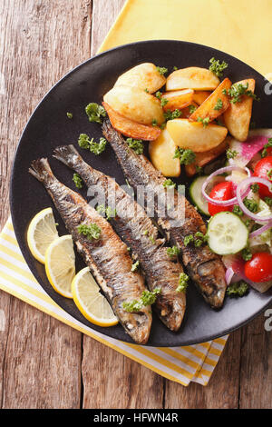 Gebratene Sardinen mit Kartoffeln und Salat aus frischem Gemüse Nahaufnahme auf einer Platte. vertikale Ansicht von oben Stockfoto