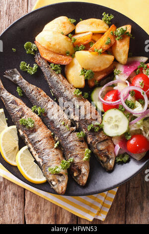 Gebratene Sardinen mit Bratkartoffeln und frischem Salat auf der Platte Nahaufnahme. vertikale Ansicht von oben Stockfoto