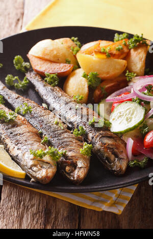 Gegrillte Sardinen mit Bratkartoffeln und Salat aus frischem Gemüse Nahaufnahme auf einer Platte. vertikale Stockfoto