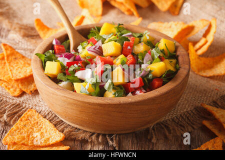 Mexikanische Küche: Salsa mit Mangos, Paprika, Koriander und Zwiebeln in einer Schüssel und Mais-Chips auf dem Tisch hautnah. horizontale Stockfoto