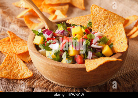 Salsa mit Mangos, Paprika, Koriander und Zwiebeln in einer Schüssel und Nachos hautnah. Horizontale Stockfoto