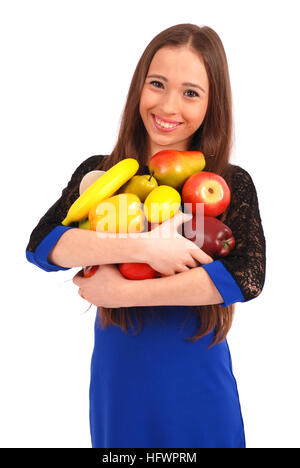 Kinder in Händen hält eine Frucht, die isoliert auf weiss Stockfoto