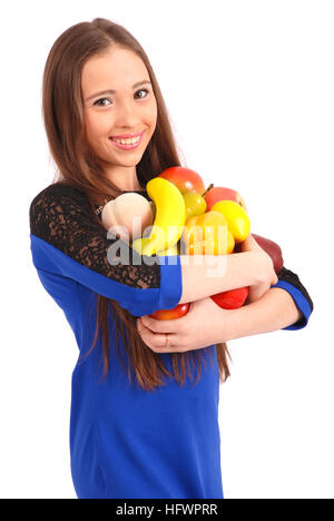 Kinder in Händen hält eine Frucht, die isoliert auf weiss Stockfoto