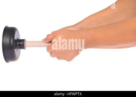 Hand mit Stößel mit Holz- auf Weiß isoliert behandeln. Beschneidungspfad enthalten. Stockfoto