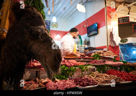 Metzgerei in Medina von Fes, Marokko zeigt Camels Kopf und viele Fleischstücke einschließlich Würstchen. Stockfoto