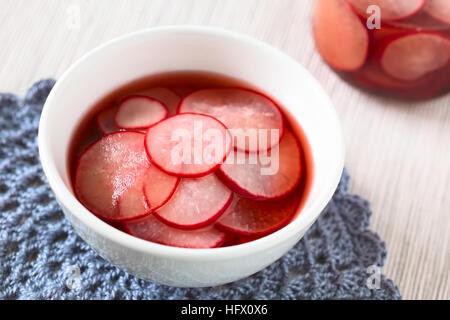 Frische Radieschen schneiden in dünne Scheiben geschnitten, eingelegt in Rotwein-Essig mit Zucker und Salz, mit Tageslicht fotografiert Stockfoto