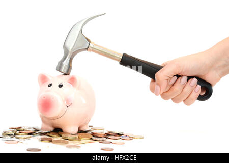 Sparschwein abgestürzt oder vom Hammer auf Geld Stapel vorschlagen Finanzkrise gebremst Stockfoto