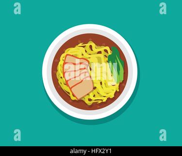 Ei Nudelsuppe mit gebratenem Schweinefleisch und Suppe, Draufsicht, Vektor Stock Vektor