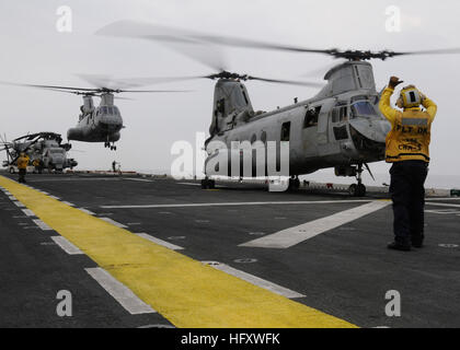 101028-N-1485C-086 Nord arabischen Meer (28. Oktober 2010) CH-46 Sea Knight Hubschrauber zugewiesen, Marine Medium Helicopter Squadron (HMM) 165 (Reinforced) Land auf amphibischer Angriff Schiff USS Peleliu (LHA-5). Vier Hubschrauber von HMM-165 verbrachte zehn Wochen in Pakistan Unterstützung bei humanitären Hilfsmaßnahmen nach einem schweren Hochwasser.  Peleliu ist der Befehl Plattform für amphibische bereit Gruppe Peleliu maritimer Sicherheitsoperationen und Sicherheitsbemühungen Zusammenarbeit Theater in den USA unterstützen 5. Flotte Aufgabengebiet. (Foto: U.S. Navy Mass Communication Specialist 3. Klasse Ian Cam Stockfoto