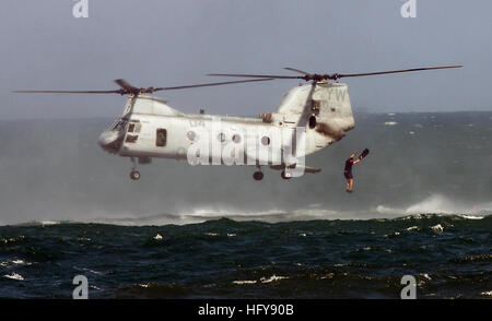 100620-N-9705M-113 Indonesien (22. Juni 2010) A US Marine Force Reconnaissance Platoon von der 15. Marine Expeditionary Unit zugeordnet (15. MEU) springt von einem CH-46E Sea Knight Hubschrauber Helikopter Casting Training als Teil der Marine Übung (MAREX) 2010. Die Übung begann Juni 19 und wurde entwickelt, um Schulungen für das indonesische Militär und Beziehungen, die Aufrechterhaltung der Stabilität in der Region aufzubauen. (US Navy Foto/freigegeben) US Navy 100620-N-0310G-113 A US Marine Sprünge von einem CH-46E Sea Knight Hubschrauber Helikopter Casting Training Stockfoto