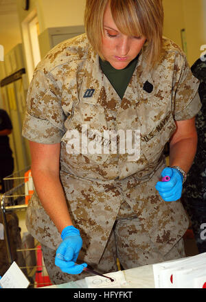 101028-N-6320H-018-SAN DIEGO (28. Oktober 2010) - Hospitalman Emily D. Alabaster, zugeordnet der Branch Health Clinic im Marine Corps zu rekrutieren Depot San Diego, bereitet einen DNA-Marker von einem Rekruten. Das Personal der Klinik kümmert sich um mehr als 20.000 Mitarbeiter jedes Jahr. (Foto: U.S. Navy Mass Communication Specialist 1. Klasse Todd Hack/freigegeben) US Navy 101028-N-6320H-018 Hospitalman Emily D. Alabaster bereitet einen DNA-Marker von Rekrut Stockfoto