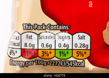 Nährwertangaben Ampel system Kennzeichnung farbkodierte Label auf Paket von Wanderern Fältchen einfach gesalzene Kartoffelchips Stockfoto