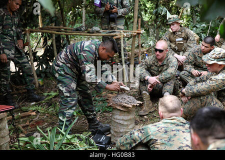 111215-M-FW834-027 Kuantan, Malaysia (15. Dezember 2011) A malaysische Soldier aus dem malaysischen Armee Dschungel überleben Flügel lehrt die Marines der Ostindien-Kompanie, Battalion Landing Team 3/1, 11. Marine Expeditionary Unit (MEU 11.) wie, Materialien zu verwenden, finden Sie in den Dschungel, um ein Feuer während Kilat Adler, einer bilateralen Übung zwischen Marines und Matrosen der 11. MEU und Soldaten aus der malaysischen Armee zu beginnen. Die Camp Pendleton, Kalifornien, je Einheit ist auf amphibischer Angriff Schiff USS Makin Island (LHD 8), die amphibische Transportschiff der Dock USS New Orleans (LPD-18) und die Amphi begonnen Stockfoto