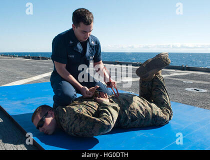 120201-N-NR955-057-Atlantik (1. Februar 2012)-Logistik-Spezialist 3. Klasse Anthony W. Harb Manschetten Lance Cpl. Karl J. Leitz, ein Militärpolizist bekämpfen Logistik-Bataillon 24 von der 24. Marine Expeditionary Unit zugeordnet (24. MEU), während ein Oleoresin Capsicum (OC) zwei Hochschulstudium an Bord der Whidbey-Island-Klasse amphibischen Dock Landung Schiff USS Gunston Hall (LSD-44). Gunston Hall ist im Gange Zertifizierung Übung vor ihrem geplanten Frühling Einsatz beteiligt. (Foto: U.S. Navy Mass Communication Specialist 3. Klasse Lauren G. Randall/freigegeben) US Navy 120201-N - Stockfoto