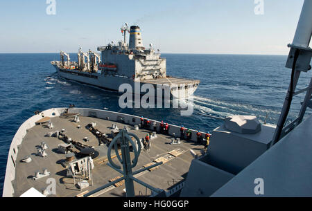 Atlantik (29. Januar 2013) die amphibious Transport dock Schiff USS San Antonio (LPD-17) Ansätze den Military Sealift Command Flotte Nachschub Öler USNS Leroy Grumman (T-AO 195) für Nachschub auf See. San Antonio ist eine zusammengesetzte Einheit Übung (COMPTUEX) vor der Ostküste der Vereinigten Staaten in Vorbereitung auf eine bevorstehende Bereitstellung in diesem Frühjahr beteiligt. (Foto: U.S. Navy Chief Masse Kommunikation Spezialist Tommy Lamkin/freigegeben) 130129-N-WX580-029 beitreten das Gespräch http://www.facebook.com/USNavy http://www.twitter.com/USNavy http://navylive.dodlive.mil USS Stockfoto