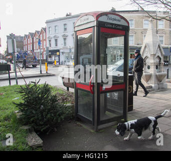 Wimbledon, London, UK. 3. Januar 2017. Ein alte Weihnachtsbaum wird neben einer öffentlichen Telefonzelle in Wimbledon High Street zur Entsorgung verworfen © Amer Ghazzal/Alamy Live-Nachrichten Stockfoto