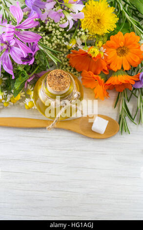 Verschiedene Blumen und ätherische Öl in der Flasche Stockfoto