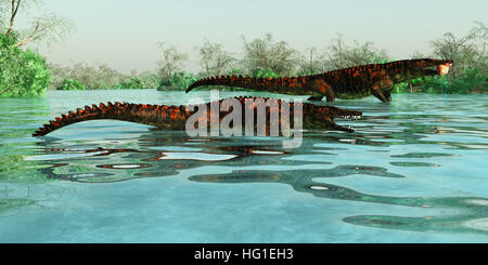 Uberabasuchus Dinosaurier Reptilien bewohnen einen Brasilien-Fluss Fang von Fischen in der Kreidezeit. Stockfoto