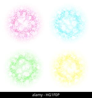 Abstrakte Runde Pulver Wolken set mit Staubpartikeln isoliert auf weißem Hintergrund. Bunte Kreise mit Glut und Bokeh-Effekt. Für Holi, Designelemente Karnevalsbanner. Vektor-Illustration. Stock Vektor