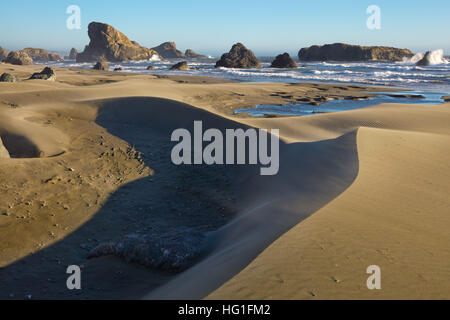 Gold Strand-Meer-Stacks und Schatten, Oregon Stockfoto