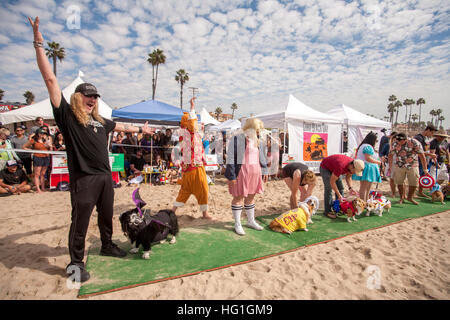 Welsh Corgi-Hunde und ihre Besitzer Line-up für ein Kostüm-Wettbewerb an einem Tag Corgi Hund am Strand auf dem Sand in Huntington Beach, Kalifornien dekoriert.