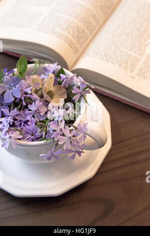 Eine weiße Teetasse voll von winzigen lila Blüten, setzt neben ein offenes Buch. Stockfoto