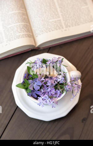 Eine weiße Teetasse voll von winzigen lila Blüten, setzt neben ein offenes Buch. Stockfoto