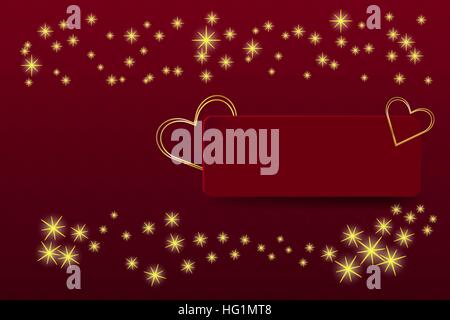 Zwei Goldene Herzen Frames sind auf das rote Rechteck mit Schatten, der bereit ist für Ihren Text. Viele strahlende goldene Sterne befinden sich über und unter ihnen. Stock Vektor