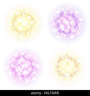 Abstrakte Runde Pulver Wolken set mit Staubpartikeln isoliert auf weißem Hintergrund. Bunte Kreise mit Glut und Bokeh-Effekt. Für Holi, Designelemente Karnevalsbanner. Vektor-Illustration. Stock Vektor