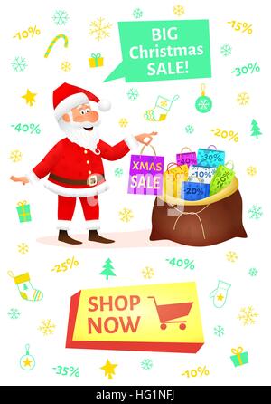 Christmas shopping Banner mit Knopf-Shop jetzt. Verkaufsposter mit flach lustigen Mann Charakter Weihnachten Hintergrund Weihnachtsgeschenk festhalten. Rabatt-Plakat-Vorlage. Weihnachtsmann Cartoon-Vektor-Illustration. Stock Vektor